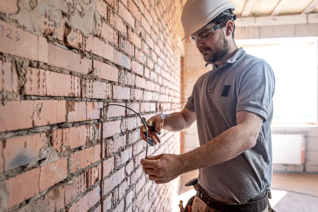 Trabajador de la construcción cortando cable eléctrico en una pared de ladrillos expuestos, utilizando herramientas de seguridad como casco y gafas.