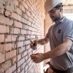 Trabajador de la construcción cortando cable eléctrico en una pared de ladrillos expuestos, utilizando herramientas de seguridad como casco y gafas.